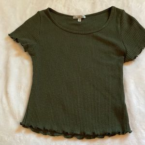 Olive green ribbed t shirt ruffles on sleeve and bottom
